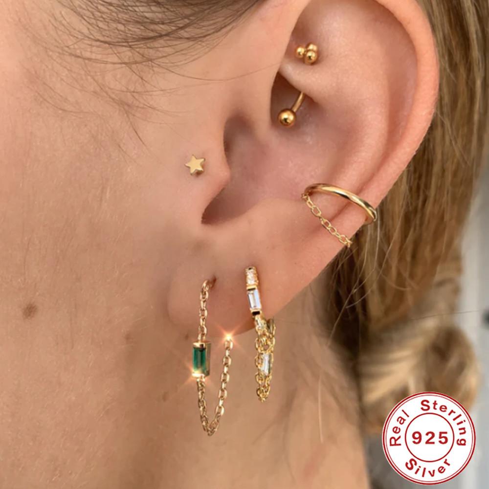 New S925 Sterling Silver Geometric Tassel Chain Square Zircon Pendant Earrings Earrings