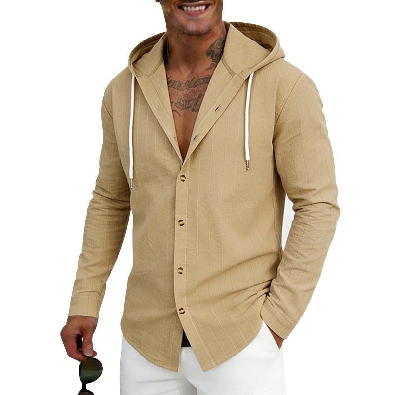 Men’s Linen Hooded T-Shirt, Casual Breathable Striped Shirt, Cardigan, Trendy Loose-Fit Top