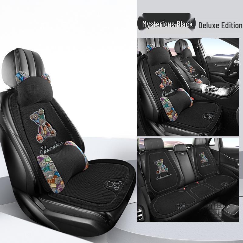Four Seasons Universal Linen Car Seat Cushion - Cartoon Bear, Breathable, Half-Wrap Rear Seat Cover