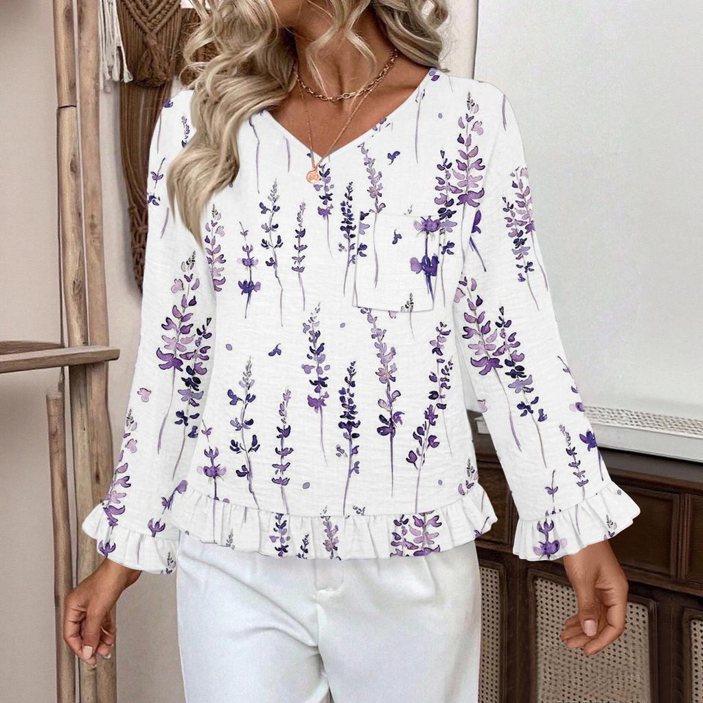 Women's Casual Fashion Ruffle V-Neck Pocket Retro Print Long Sleeve Top
