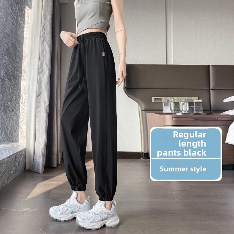 Women s Ice Silk Pants Summer Thin Quick-Dry Sports Pants 2026 New Sun-Protective Casual Cropped Pants S чёрный