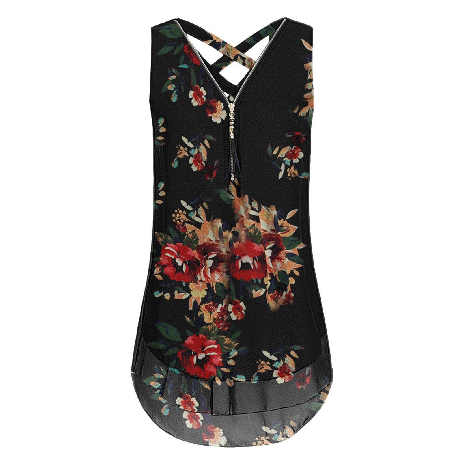 

Женская мода, повседневная летняя блузка с v-образным вырезом без рукавов и застежкой-молнией с принтом, лето 2022 M красный