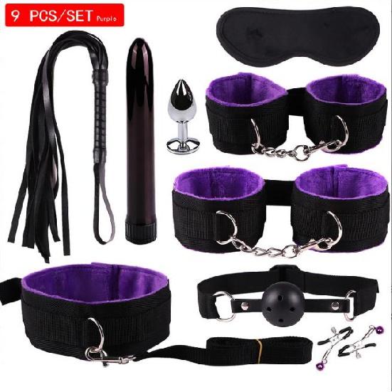 Sexy Nylon BDSM Kits Plush Sex Bondage Set Handcuffs Sex Games Whip Gag Nipple Clamps Sex Toys For Couples Exotic