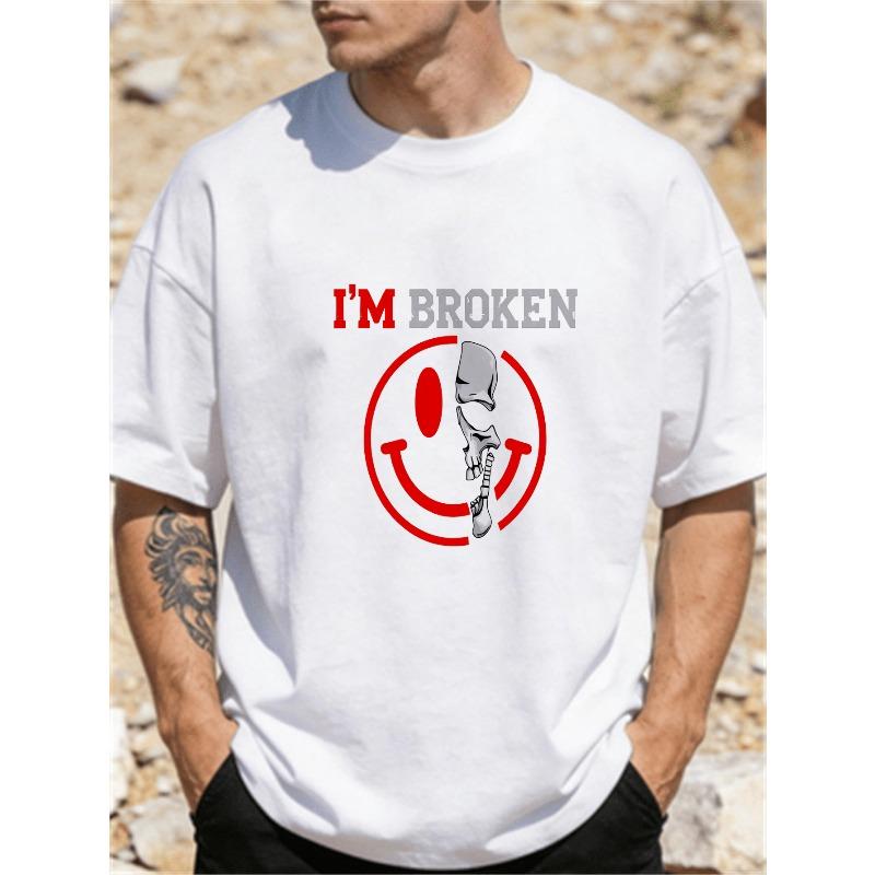 Plus Size Men'S Sports T-Shirts, Soft Breathable Casual Tees, I'M Broken with Smile And Skull Graphic, Edgy And Humorous Design, Comfortable