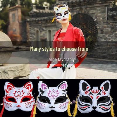 Hand-Painted Anime-Style Cat and Fox Half-Face Mask for Men and Women