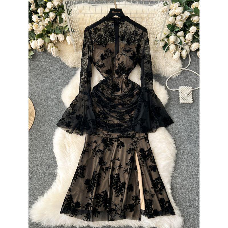 Fancy Adult Lady Like Woman Wear Sexy See-through Mesh Flared Sleeves Retro Print Silm Split Fishtail Skirt Dress