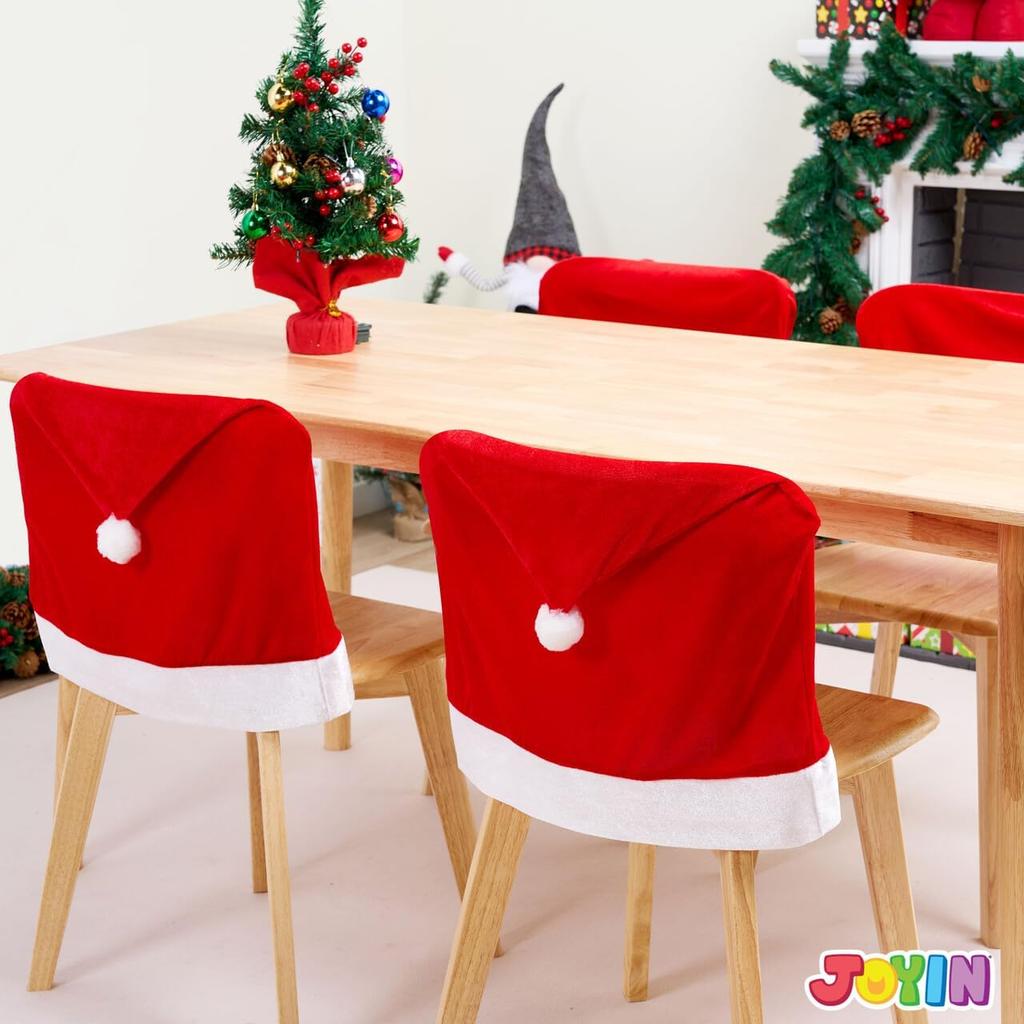 JOYFY 4 Pcs Christmas Chair Cover Red Santa Hat Chair Slipcovers for Christmas Holiday Festival Decoration Ornaments Set