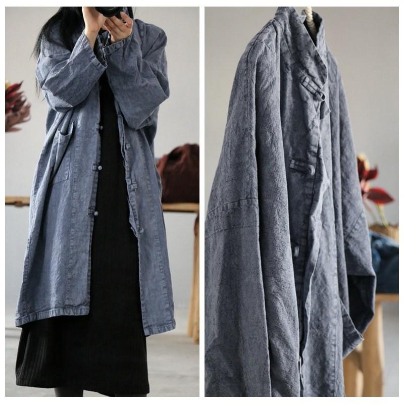 Johnature Women Vintage Solid Color Loose Coats Stand Long Sleeve Button Autumn Pockets Chinese Style Coats