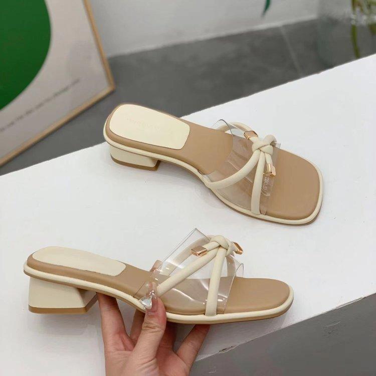 French Thick Heel One-word Female Summer Wear 2025 New Versatile Fairy Style Square Head with Skirt Medium Heel Cool Slippers