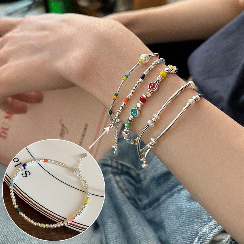 Korean Style S925 Silver Plated Rainbow Bead Heart Bear Bracelet - Women's Fashion Jewelry