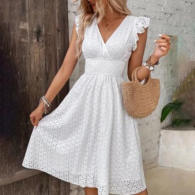 Vestido de verão feminino babado borda sem mangas elástico cintura apertada cor pura recorte a linha grande balanço v