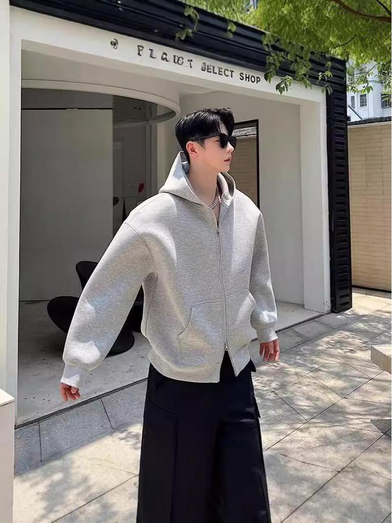 2024 Autumn/Winter American Style Heavyweight Double Zipper Hoodie - Trendy Solid Color Cardigan with Air Layer and Cool Design
