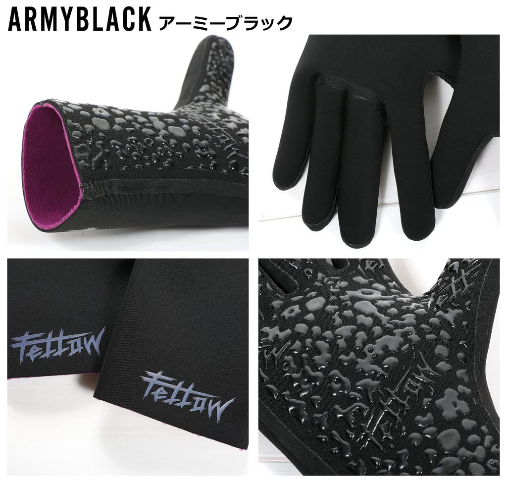 FELLOW Surf Gloves, Non-Stitched, 1mm, Waterproof, Cold Weather, Winter, Neoprene Wetsuit Gloves, Japanese Standard, Army Black, XL Size