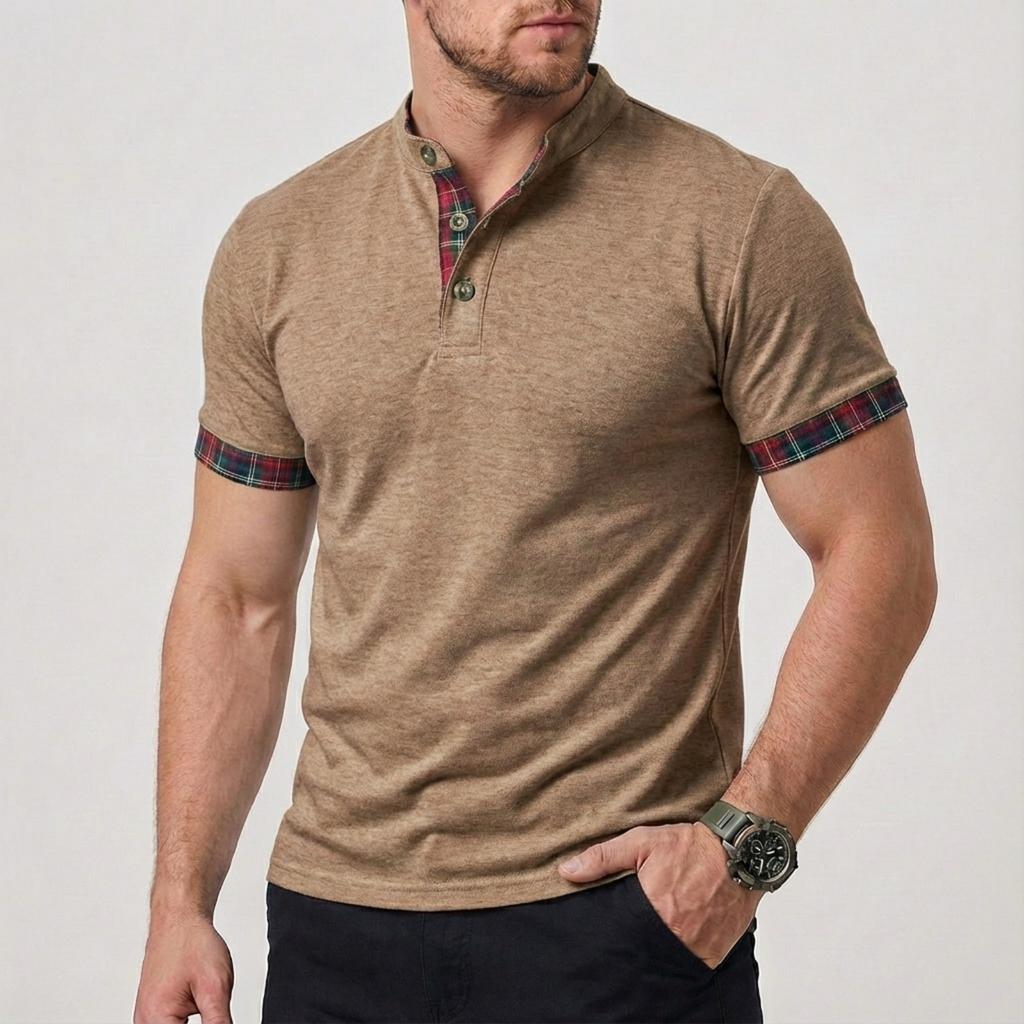 Men's Casual and Fashionable Color-blocked Checkered Shirt, Men's Short-sleeved Stand-up Collar Fitted Top