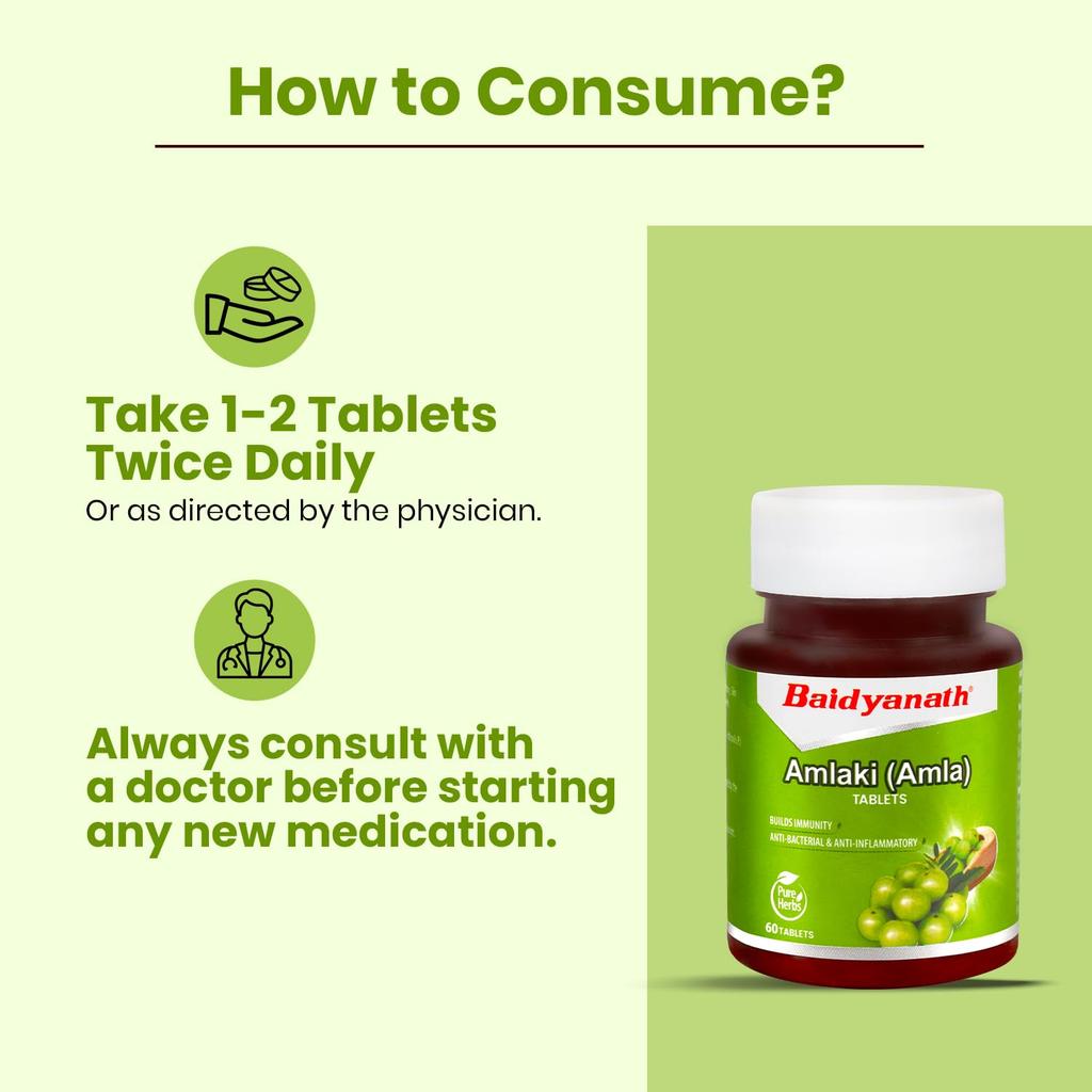 Baidyanath Amlaki 60 Tablets X Pack of 3 Natural Health Booster for Hair Skin Digestion Metabolism Support