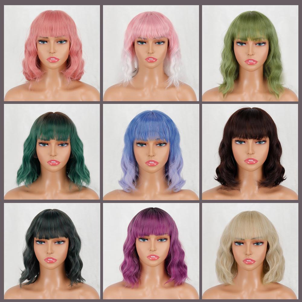 MERISIHAIR Women Short Bob Natural Wavy Pink Wig with Bangs Synthetic Fiber Short Water Wave Wig Daily Wear Cosplay
