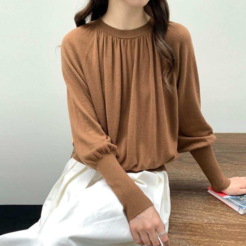 Merino Quan Wool Pleated Design Crew Neck Bat Sleeve Knitted Sweater Women's Simple Temperament Pullover with Bottoming Shirt