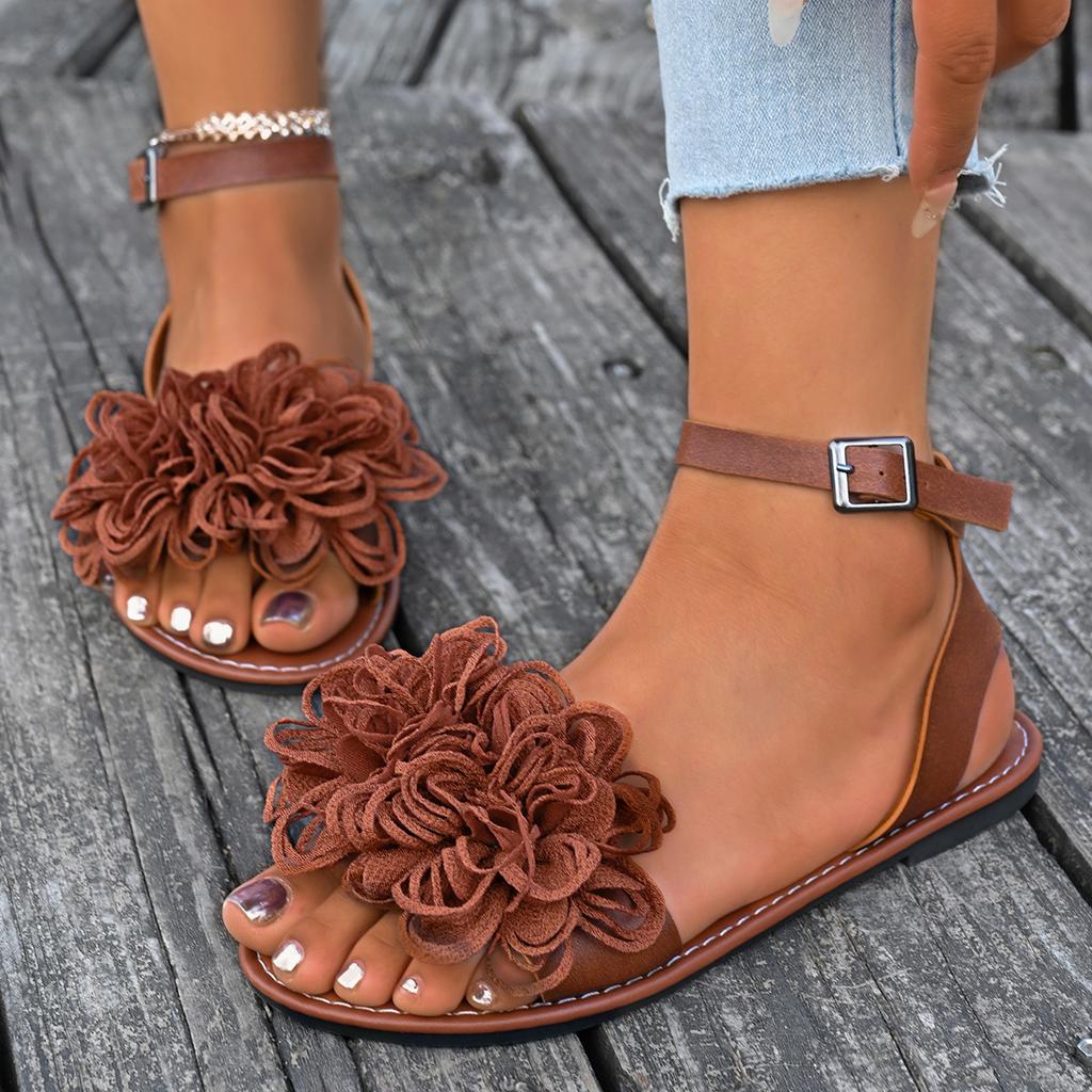 Fashion Elegant Flower Flat Sandals for Women 2025 Summer New Voyeur Women Pump Silk Shallow Ankle Buckle Sandals Shoes for Women