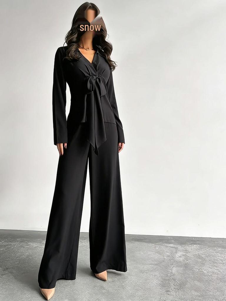 2025 Women's Autumn Casual Set: Solid Color Drawstring Top & Wide-Leg Pants