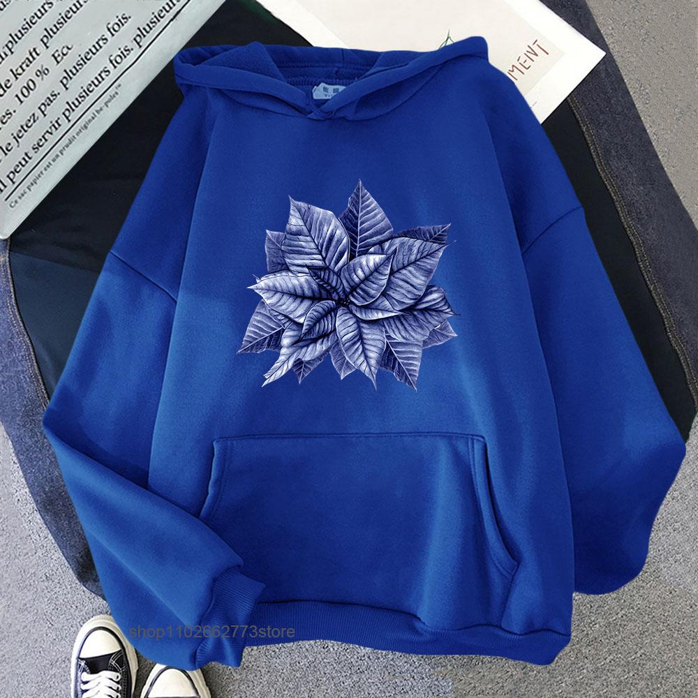 Blue and White Christmas Hoodie Chinoiserie Leaf Print Sweatshirt Aesthetic Men Clothes Kpop Streetwear Women Clothing