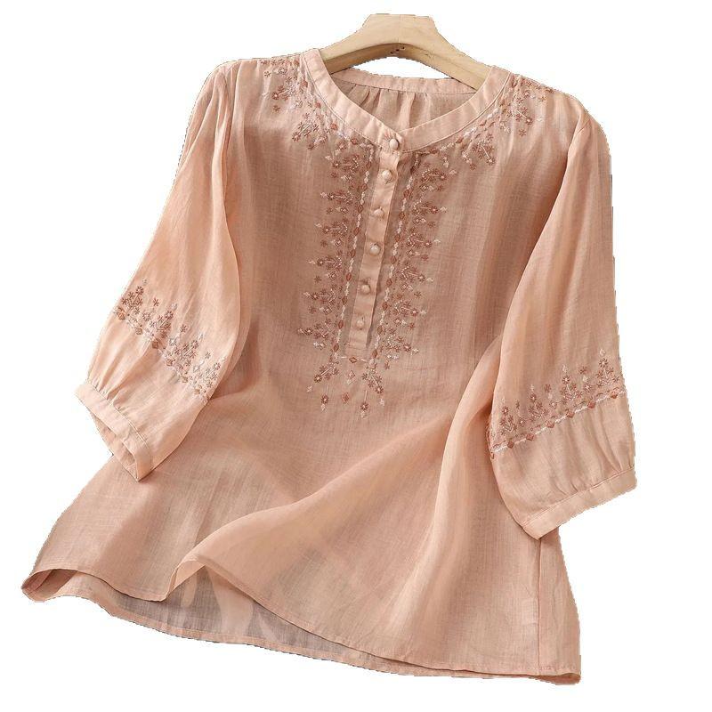 Women's Retro Cotton Five-Sleeve Ethnic Style Round Neck Top - Loose, Slimming Shirt for Spring/Summer