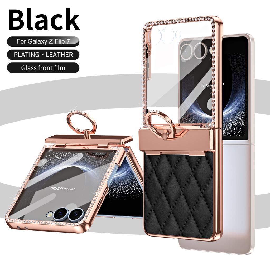 Luxury Flash Diamond Plain Leather For Samsung Galaxy Z Flip 7 Case Fold Hinge Rotating Ring Bracket Cover Optional Mirror Film