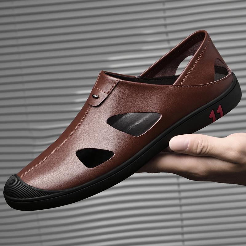 Brand Men's Fashion Cowhide Breathable Casual Headed Sandals Summer Outdoor Lightweight Hollow Soft Sole Casual Leather Shoes