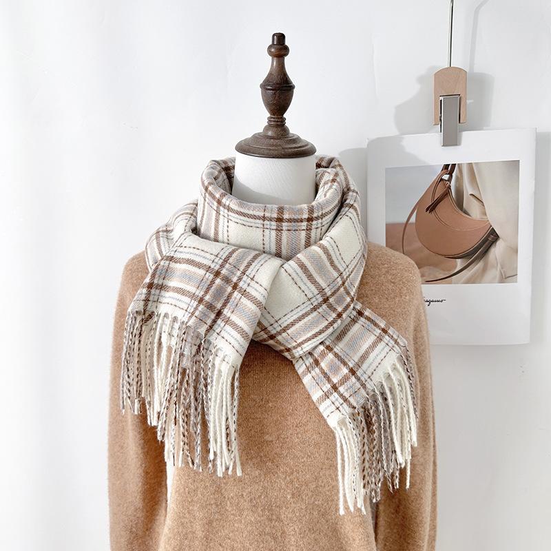Lazy wind small fresh fashion autumn and winter fringed plaid warm scarf simple temperament imitation cashmere shawl