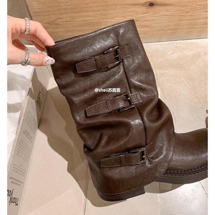 [Grape Mom same Spice Girl Pants Boots~ 6cm Height Increasing Buckle Mid Tube Western Knight Boots Women's Pile Short Boots