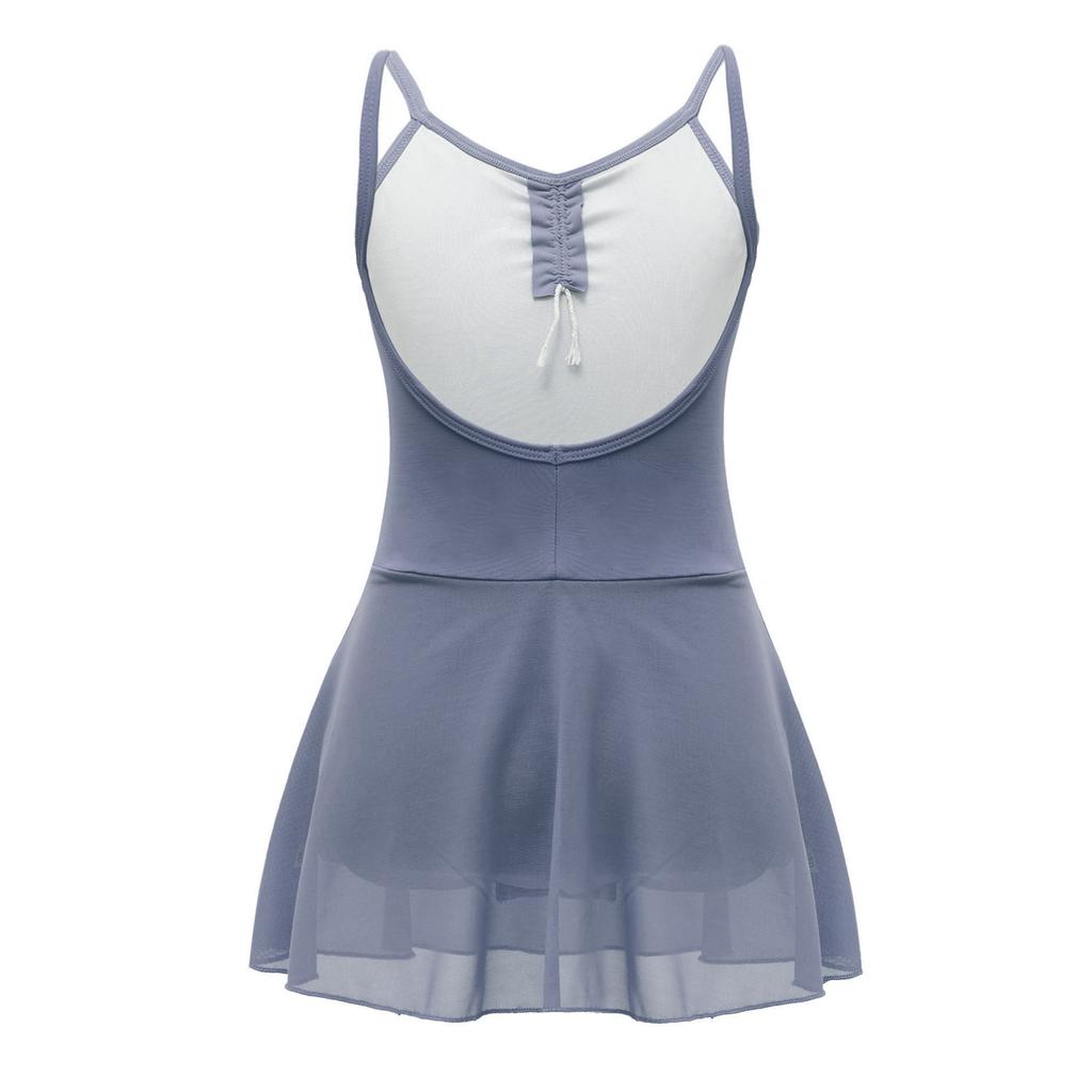 Girls Ballet Dance Dress Ruched Backless V Neck Suspenders Solid Color Exam Costume
