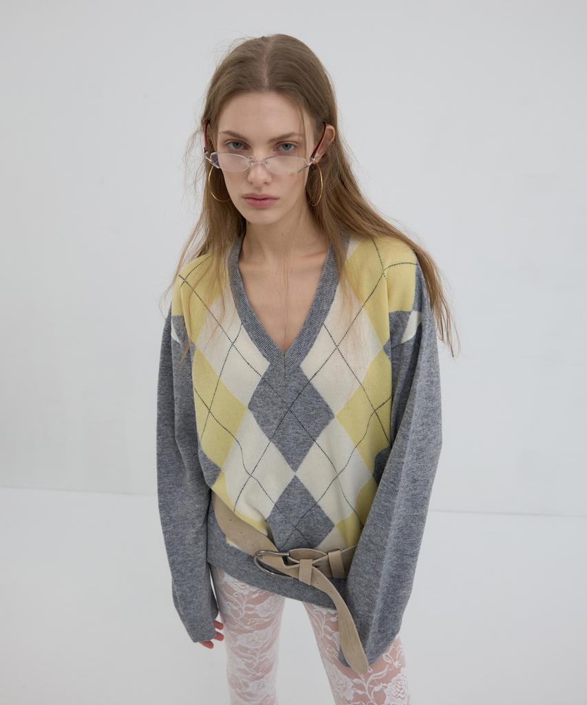 Obeodyupeulleeo Classic Argyle V-Neck Knit_Lemon/Grey