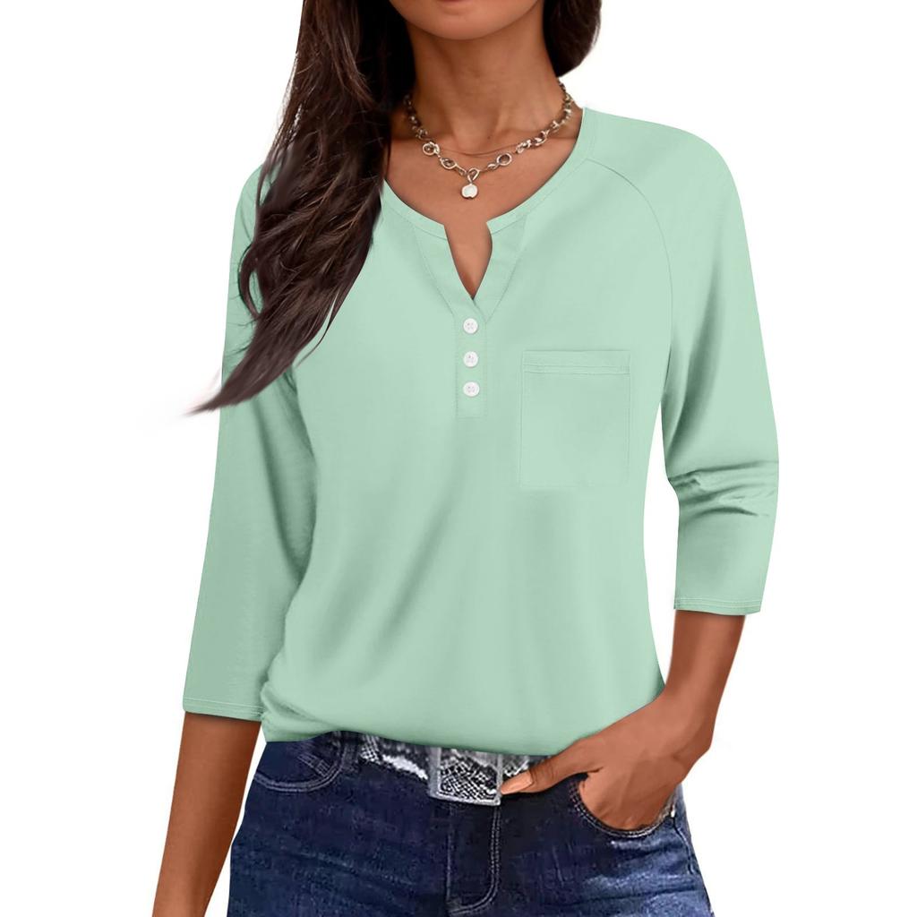 Ladies Casual Fashion V-neck Loose Versatile Color Printed Three-quarter Sleeves