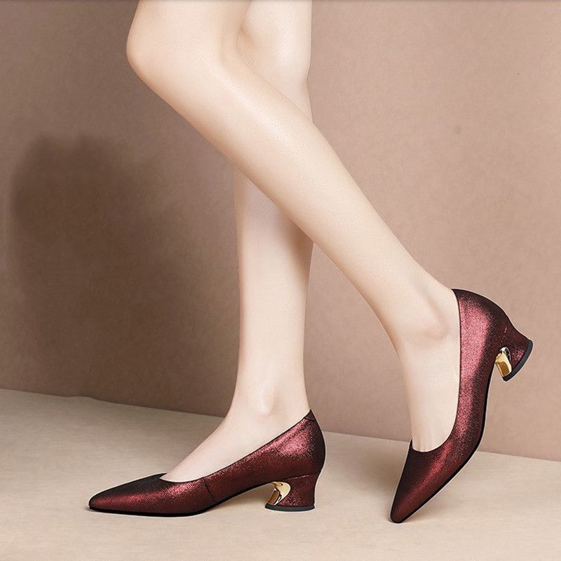 Red Medium Heel Single Shoes Women's Spring and Autumn New Mother-in-law Wedding Banquet Leather Shoes Leather Thick Heel Wedding Mother Shoes Wedding
