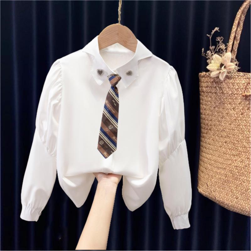 Girls' Long Sleeve White Shirt - Fashionable Korean Style for Children, Ideal for Spring and Autumn, Suitable for School Uniforms