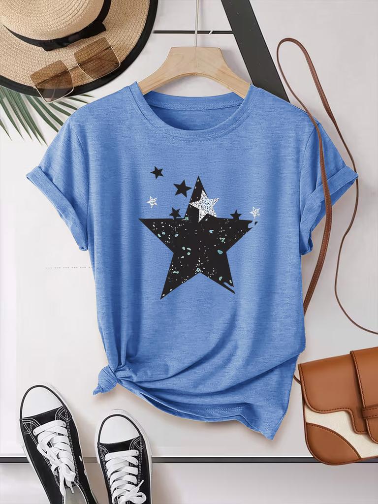 Summer Short-sleeved Star-shaped Printed Fashionable Street All-match Casual Sports Top Round Neck