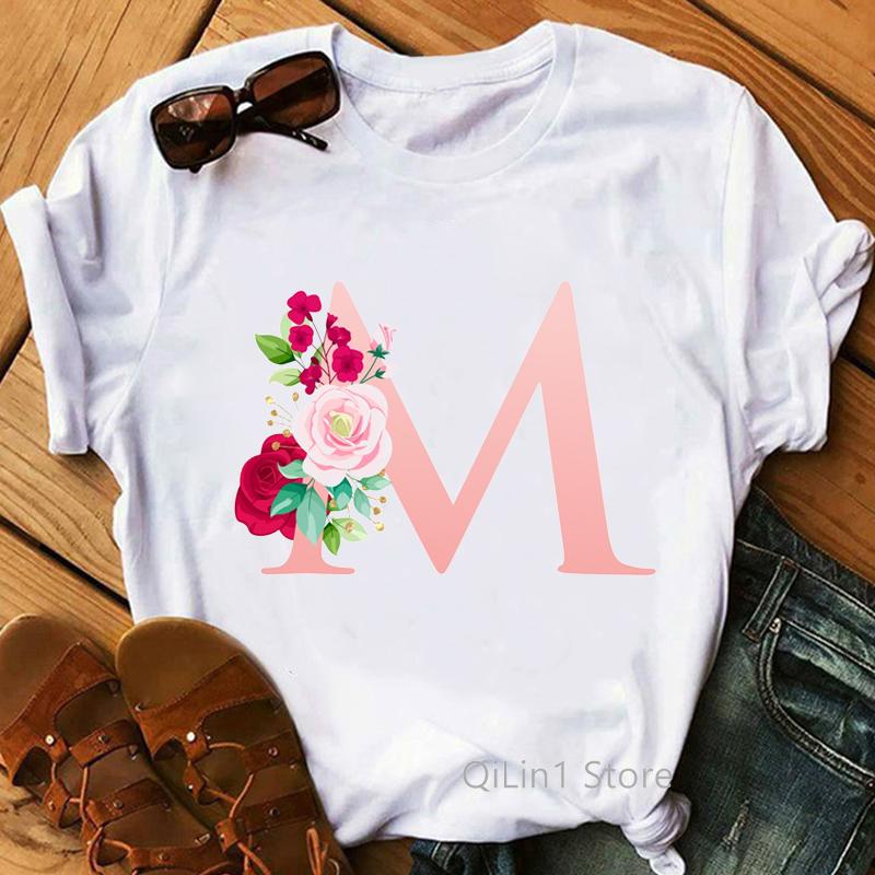 Floral Alphabet M Letter Print T-Shirt Women Summer Cute Top Female White Casual T Shirt Femme Graphic Tees Girls Tumblr Clothes
