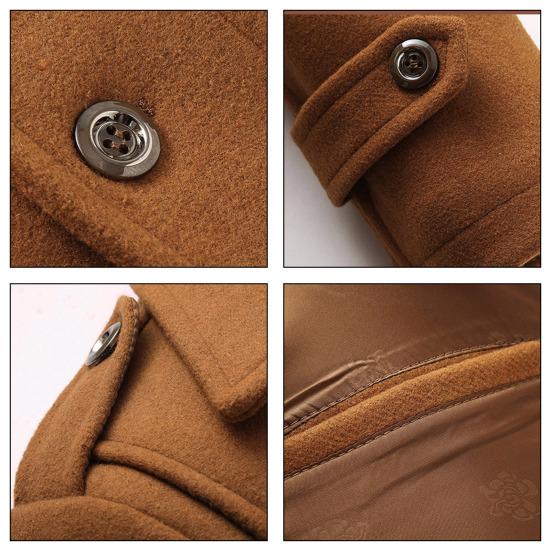 Men Woolen Coat Stand Collar Lapel Long Sleeve Solid Color Mid-length Business Coat Zipper Button Closure Work Windbreaker