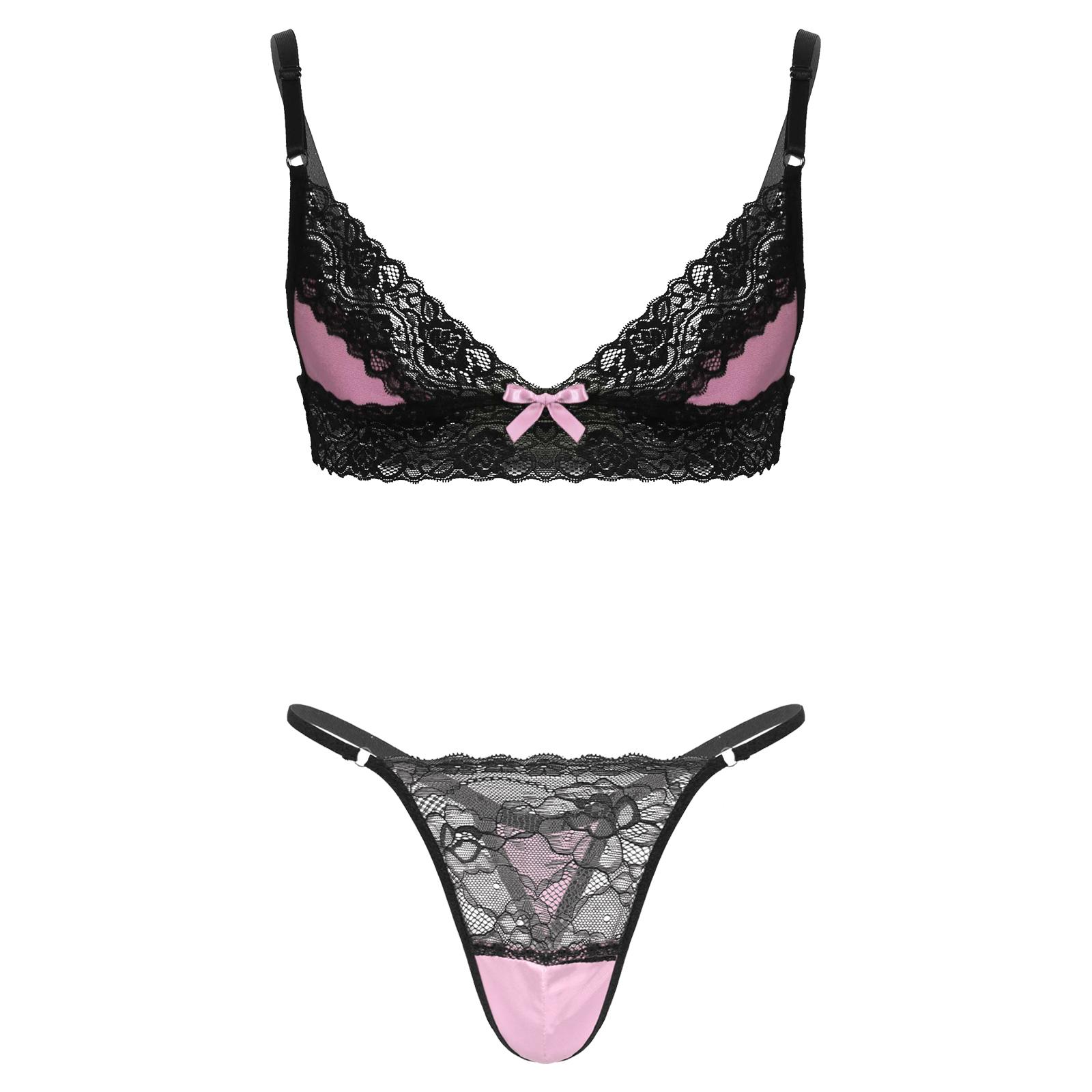 

Мужской регулируемый бюстгальтер с цветочным кружевом и соответствующие трусики-стринги комплект нижнего белья Sissy M розовый