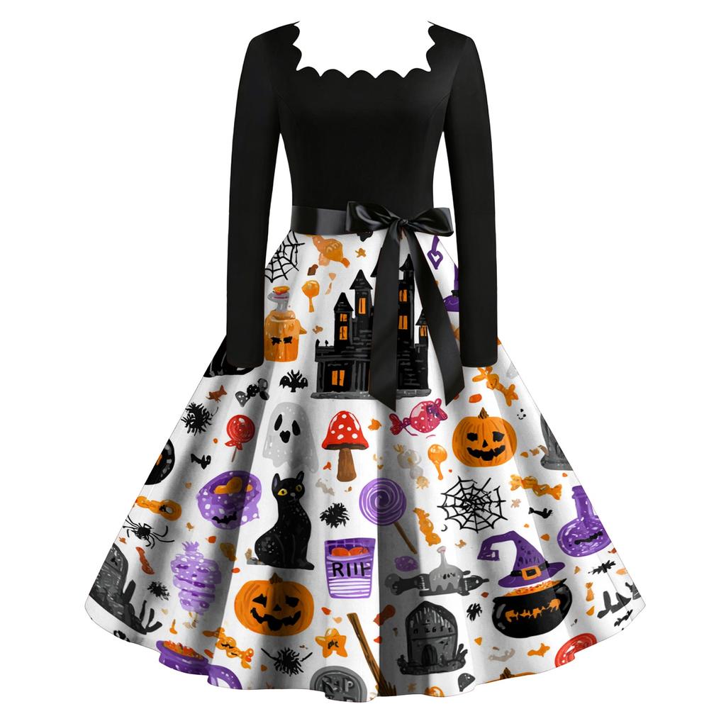 Women's Vintage Square Neck Long Sleeve Dress with Halloween Print for Evening Party