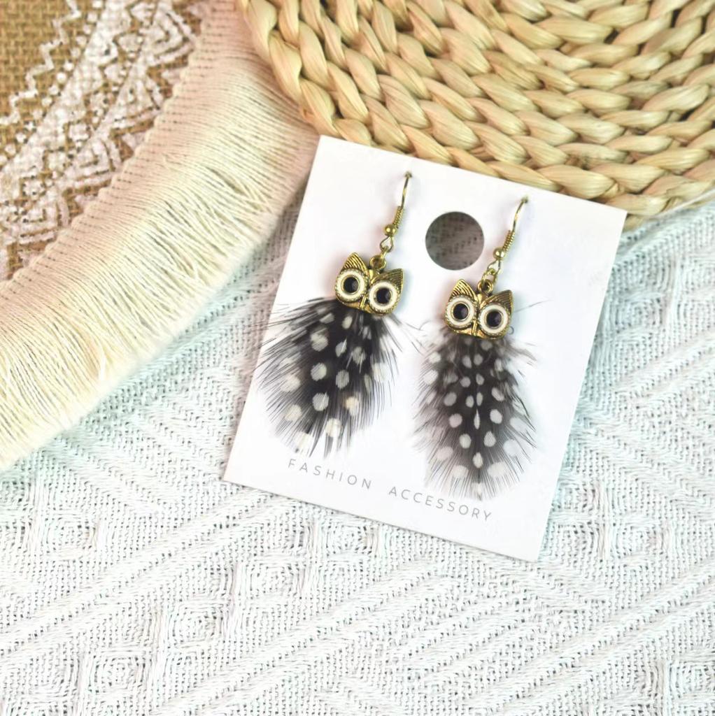 Vintage Cartoon Owl Peacock Feather Long Tassel Earrings Bohemian Ethnic Vacation Jewelry For Women