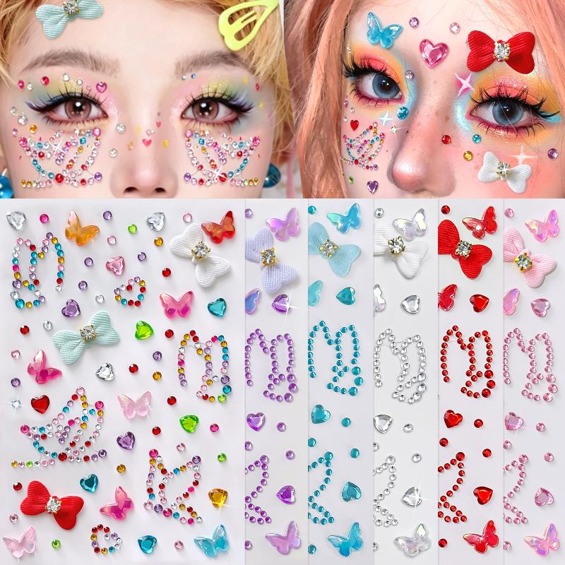 1Pcs Self-Adhesive Face Gems Stickers Rainbow Butterfly Bowknot Rhinestone for Clubbing Night Out Makeup