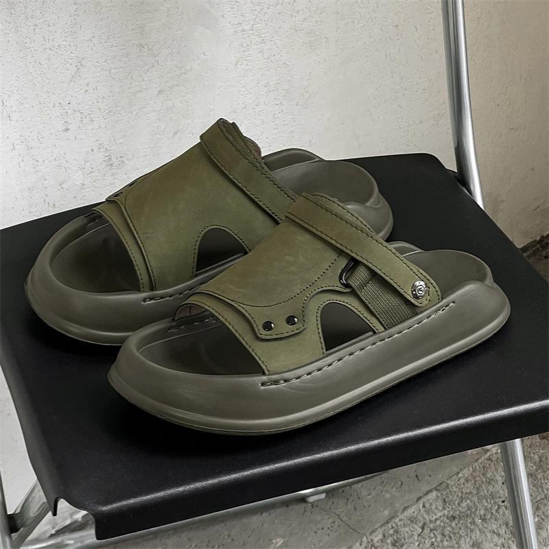

New sandals men s summer breathable outer wear dual-purpose car leather sandals shoes trendy beach shoes 371232-J 38 оливковое зеленый