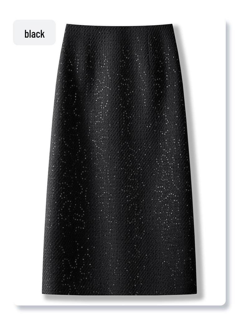 2024 Women's Yellow Sequined Tweed Midi Skirt – Autumn/Winter Straight Bodycon