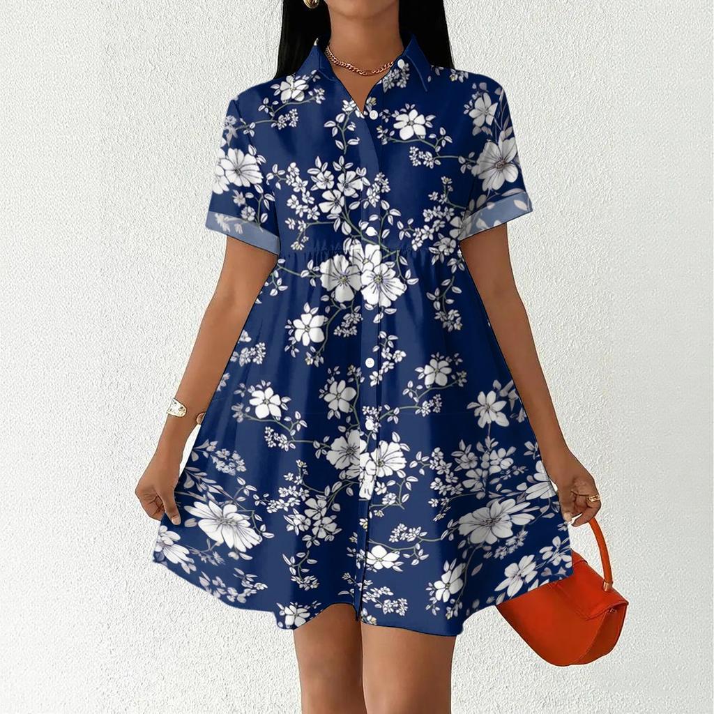 Women's Casual Loose Fit Shirt Dress Button Down Collar Short Sleeve Floral Print Summer Dress