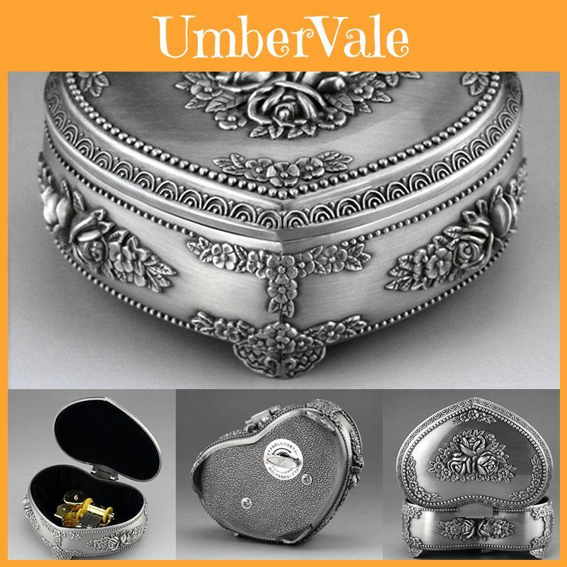 Stunning Silver Alloy Heart Shape Music Box For Kids With Classic Wind Up Mechanism