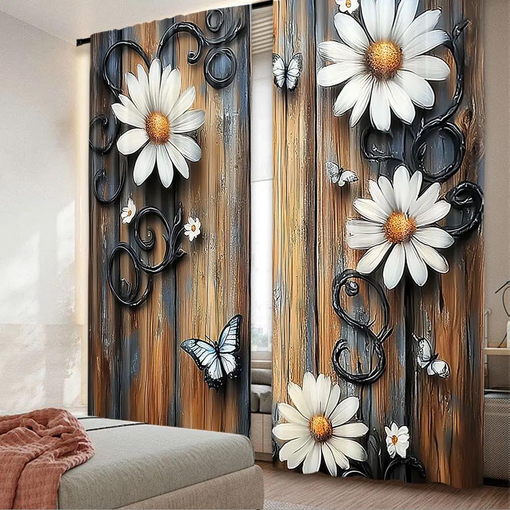 

2 шт. Винтажная штора с цветочным узором Элегантная белая штора с ромашками Подходит для спальни ванной комнаты гостиной столовой кабинета 53x116cm 2pc21x46in&Rod Pocket