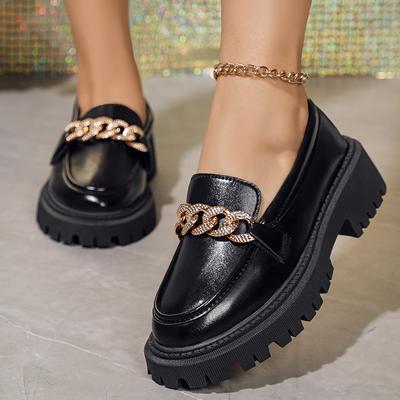 Fashion Fashion Chain Decor Platform Loafers Women Black Faux Leather Slip On Flats Shoes College Style Solid Color Dress Shoes Woman