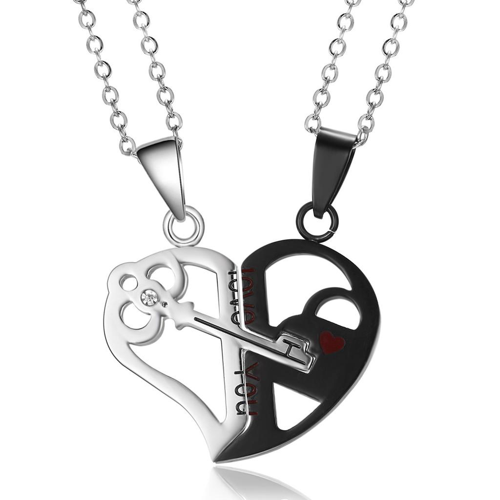 

Stainless Steel Cat Pendant Necklace With Heart Shape And Double Color Engraving For Couples Black