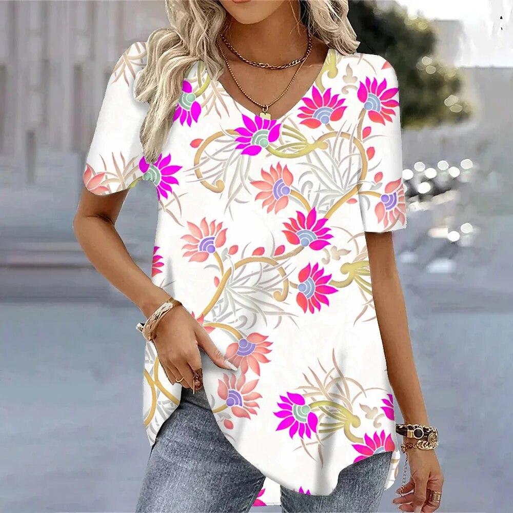 

Женские футболки с 3d богемным принтом, топы с v-образным вырезом и короткими рукавами, модная блузка в гавайском стиле, футболки, летняя одежда, горячая распродажа 5XL