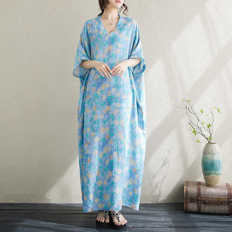 DIMANAF 2024 Plus Size Summer Women Beach Dress Basic Floral Print Loose Style Vintage Long Holiday Dresses